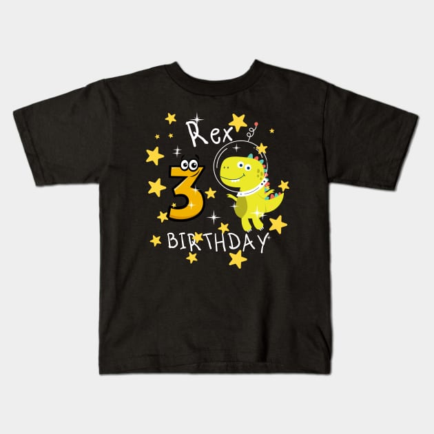 Kids 3 Year Old 3rd Birthday Boy T Rex Dinosaur Space Kids T-Shirt by Johner_Clerk_Design